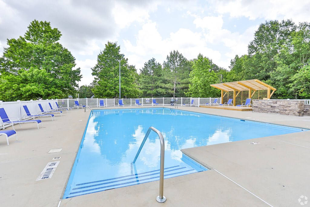 A large outdoor swimming pool surrounded by trees and lounge chairs.
