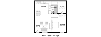 A floor plan of a small apartment with one bedroom and one bathroom.