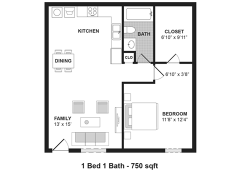 A floor plan of a small apartment with one bedroom and one bathroom.