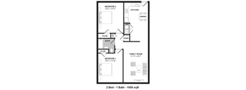 A floor plan of a 2 bedroom, 1 bath house with a total area of 1000 sqft.