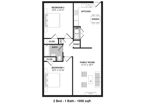 A floor plan of a 2 bedroom, 1 bath house with a total area of 1000 sqft.