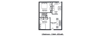 A floor plan of a 2 bedroom, 1 bathroom apartment is shown.