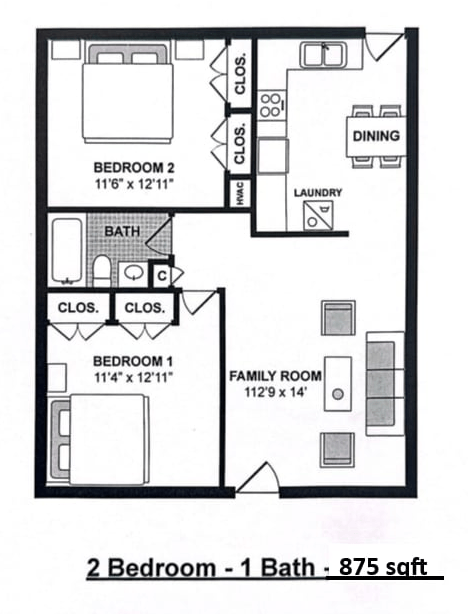 A floor plan of a 2 bedroom, 1 bathroom apartment is shown.