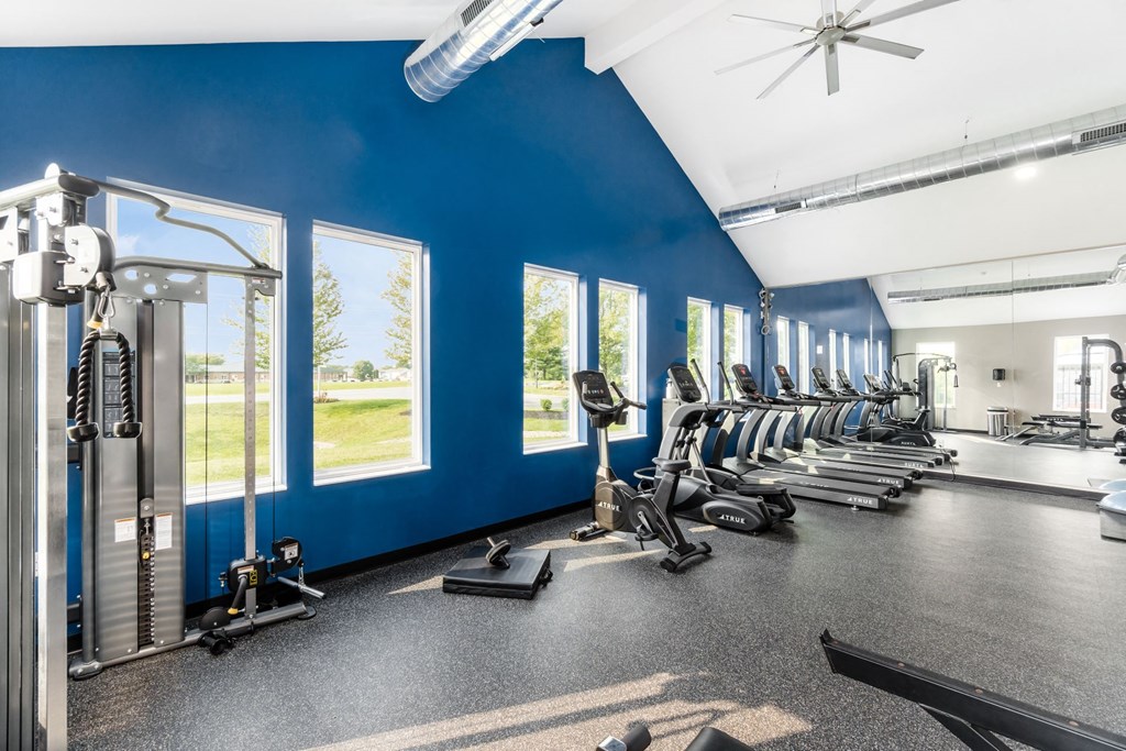 A gym with blue walls and a variety of exercise equipment at Estates at Brentwood Lake Apartments, Reynoldsburg, OH, 43068