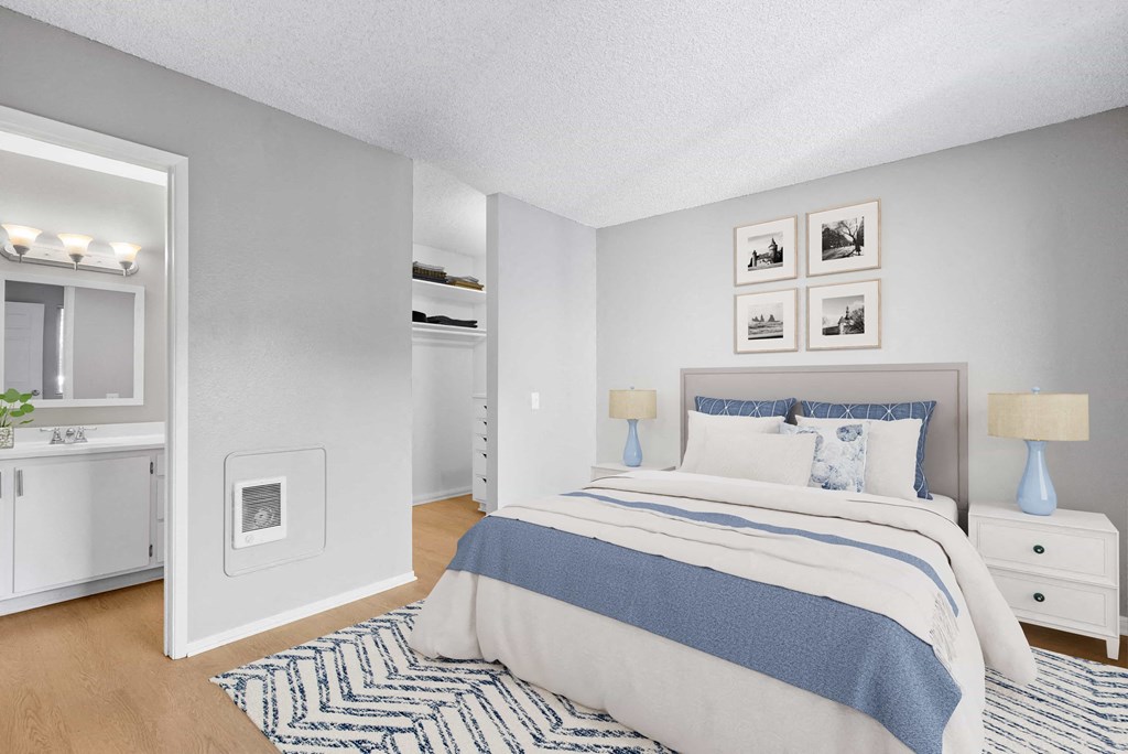 a bedroom with a bed and a closet