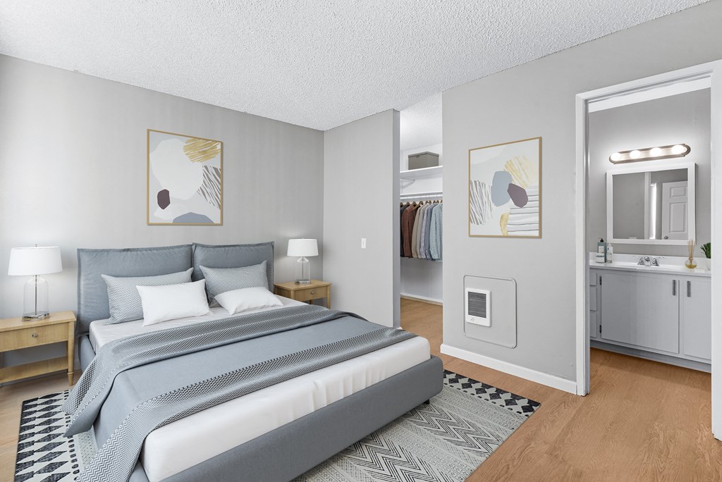 a bedroom with a bed and a closet