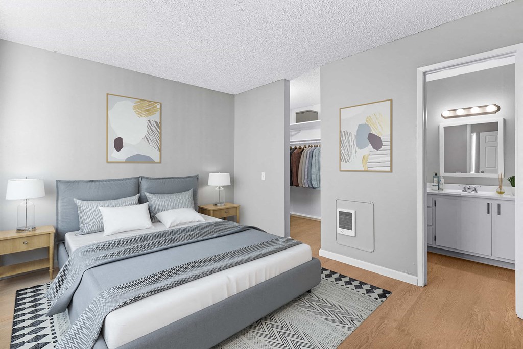 a bedroom with a bed and a closet