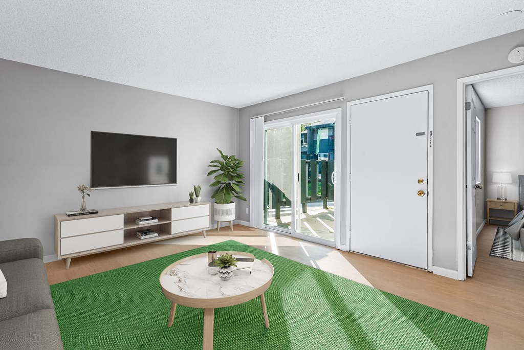 a living room with a green rug and a television