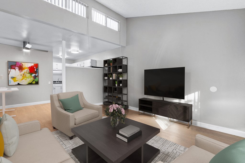 a living room with a couch and a coffee table