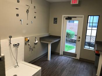 a bathroom with a shower and a sink and a door to a garden
