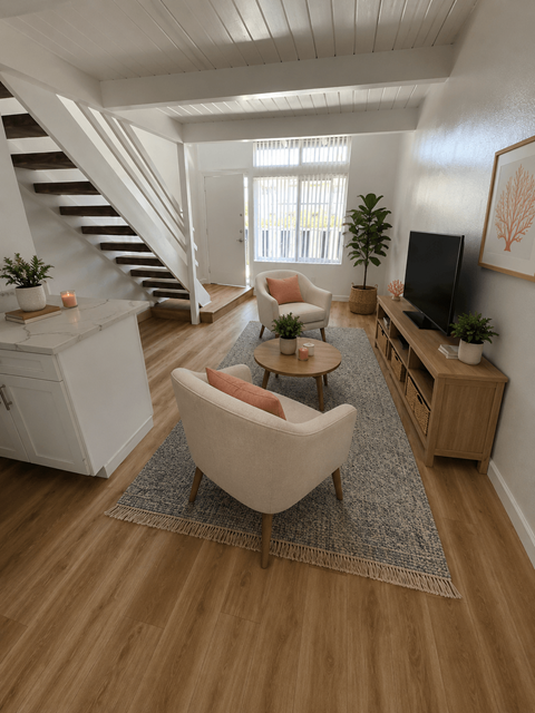A living room with a white sofa and a wooden floor.