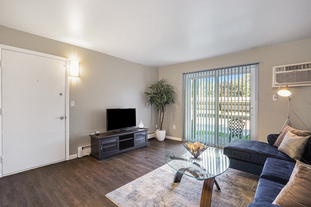 a living room with a couch and a glass coffee table and a tv