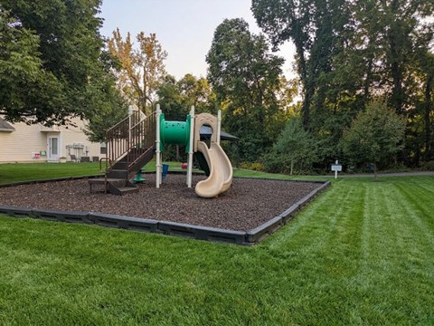 A playground with a green slide and a yellow slide.