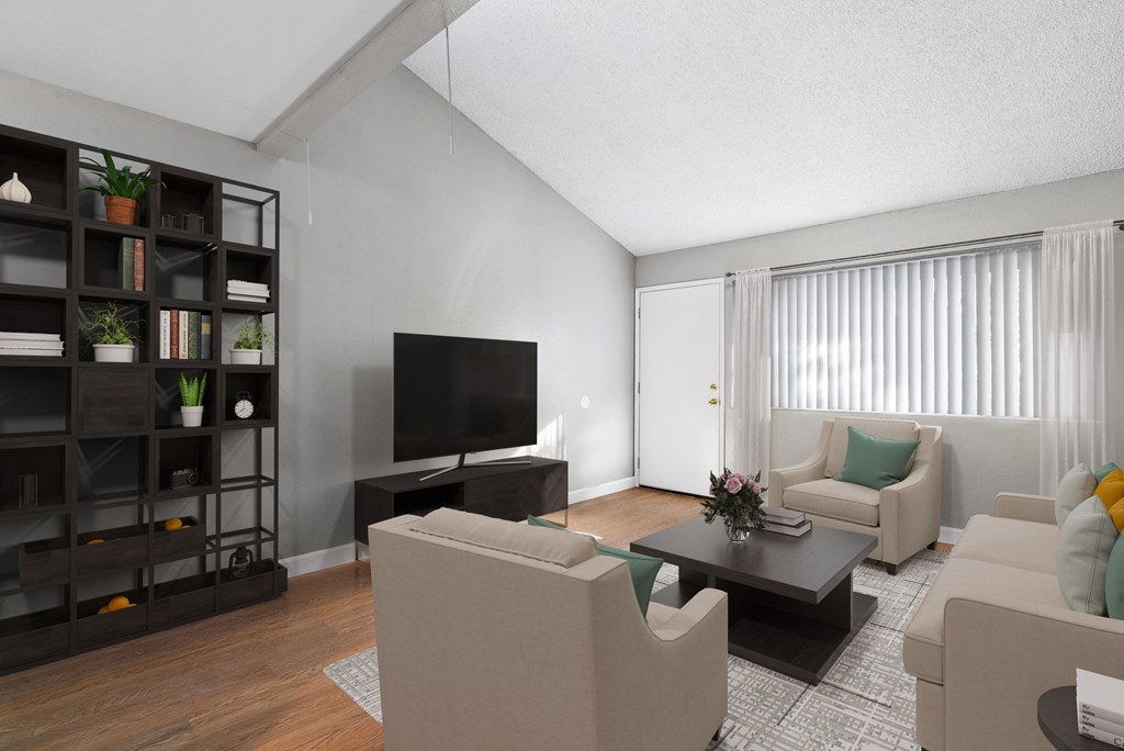 a living room with couches and a coffee table and a television