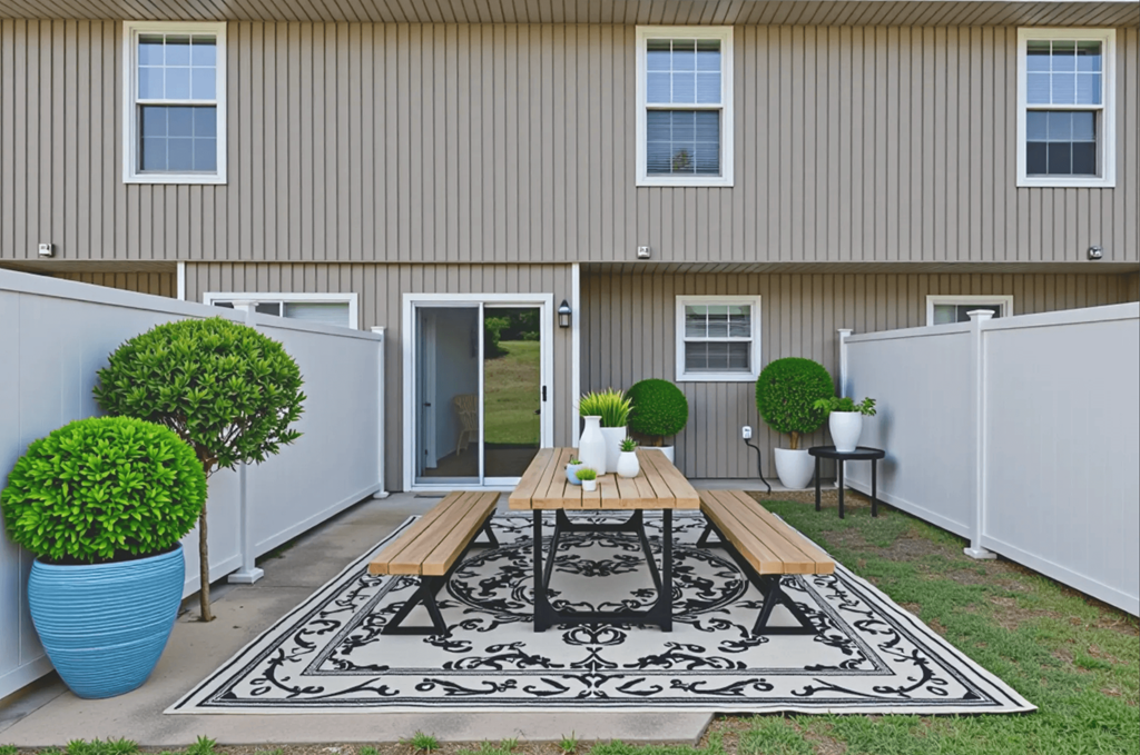 A patio with a table and chairs is surrounded by a white fence.