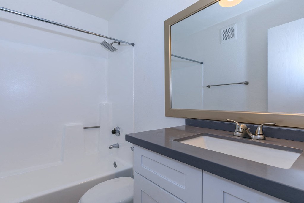 a bathroom with a sink and a toilet and a mirror at Tides at Mesa, Mesa, Arizona