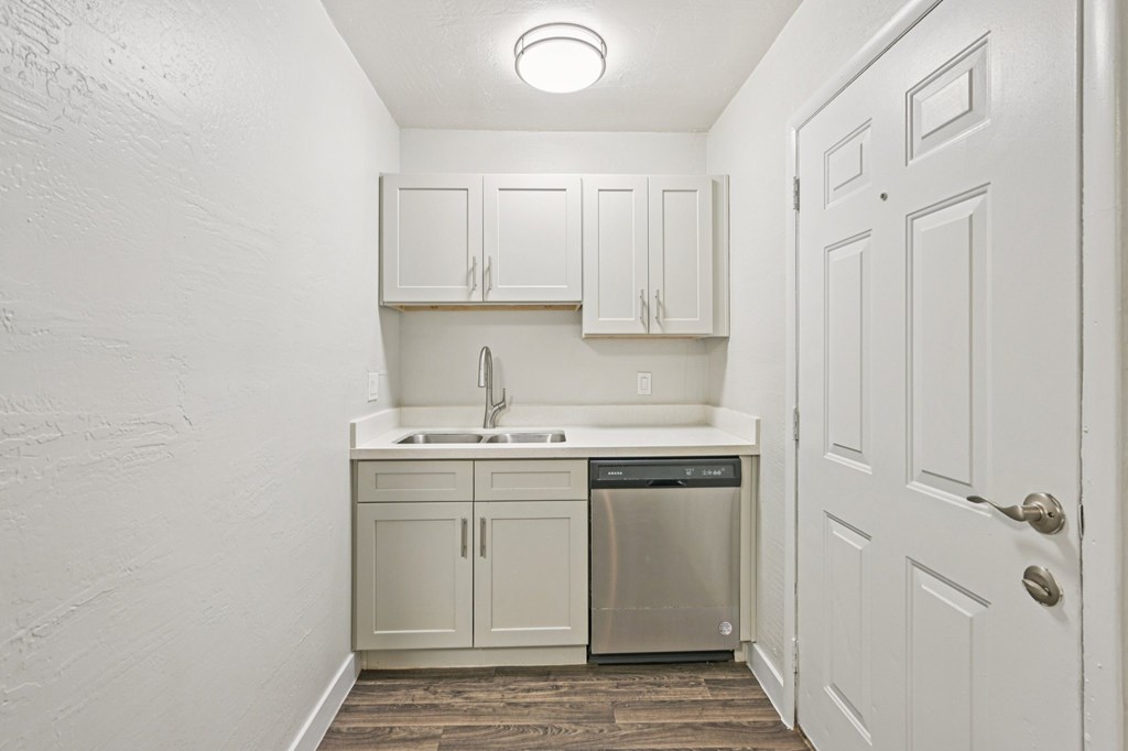 A small white kitchen with a sink and a dishwasher.