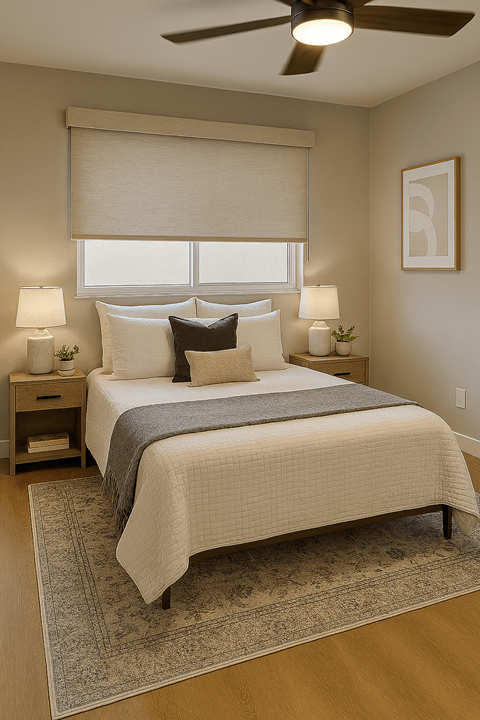A bedroom with a bed, nightstands, and a ceiling fan.