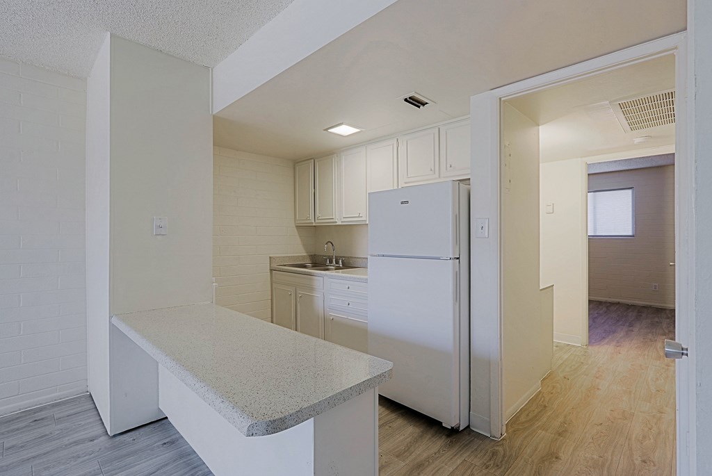 A kitchen with a white refrigerator and a countertop.