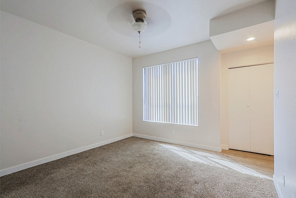 an empty living room with a window and a closet