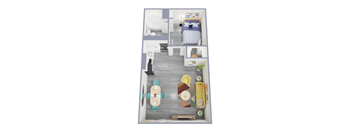 A dollhouse with a bedroom, living room, and kitchen.