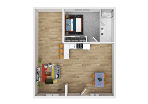 A top down view of a small apartment with a kitchen, living room, and bathroom.