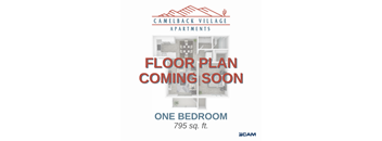 A poster advertising a floor plan for a one bedroom apartment at Camelback Village Apartments.