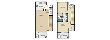 A floor plan of a two-story house with a living room, dining room, kitchen, two bathrooms, two bedrooms, a laundry room, and two balconies.