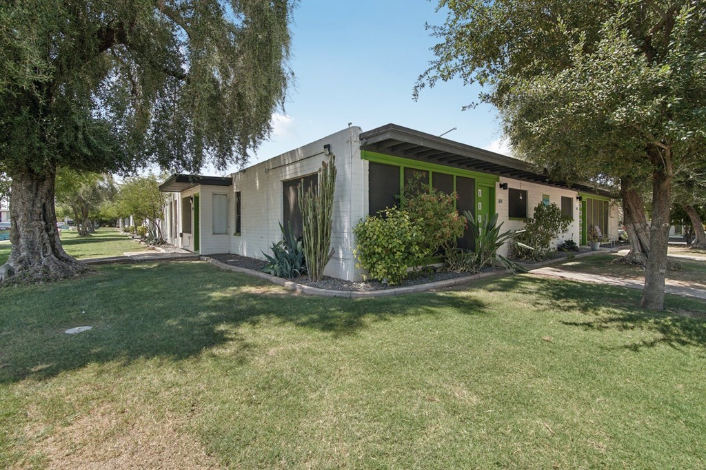 A green and white house with a tree in front.