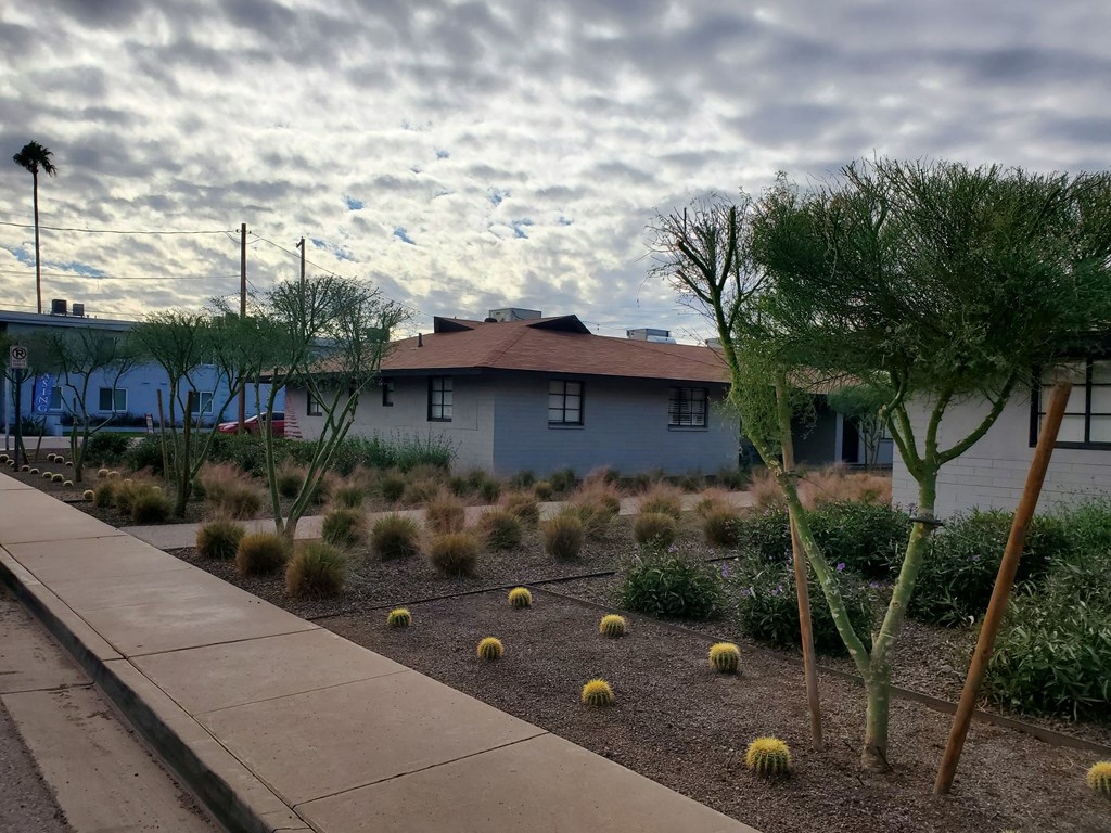 a house with a landscaped garden in front of it