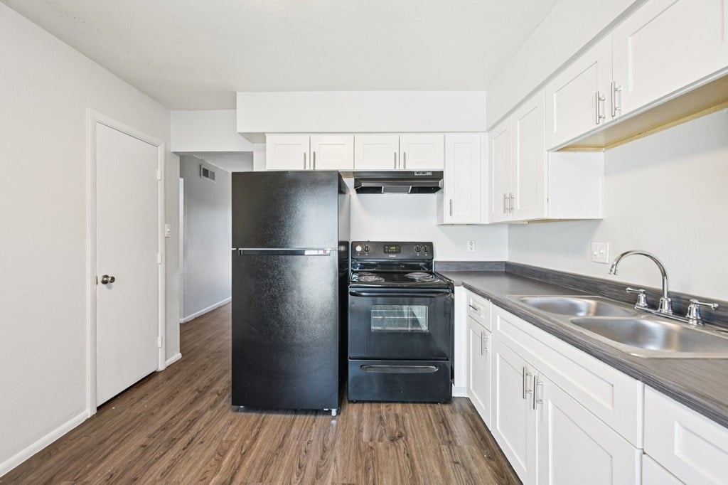A black fridge and stove in a white kitchen.