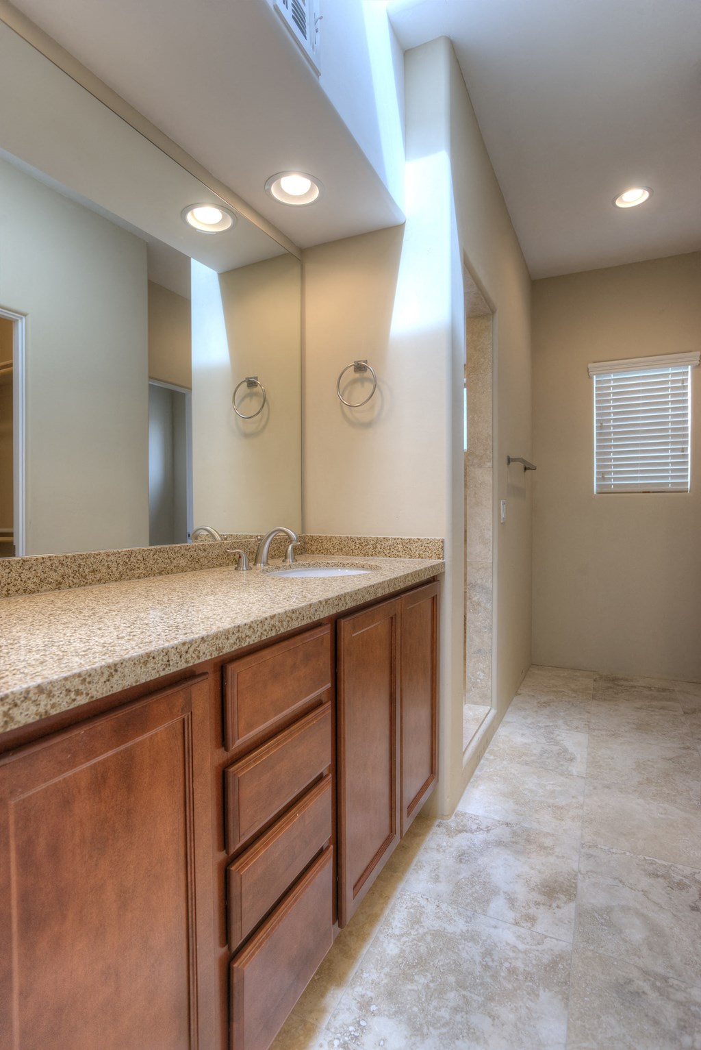 a bathroom with a sink and a mirror and a shower