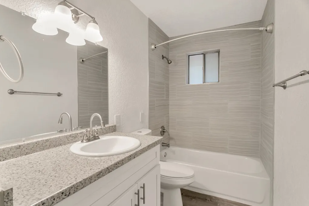 a bathroom with a sink and a toilet and a shower