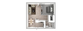 A top-down view of a modern living room with a couch, coffee table, and television.