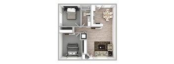 A top-down view of a small apartment with a bedroom, living room, and kitchen.