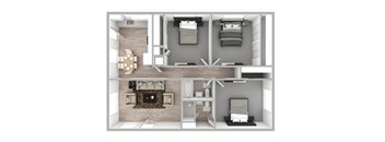 A 3D floor plan of a small apartment with a living room, kitchen, and two bedrooms.