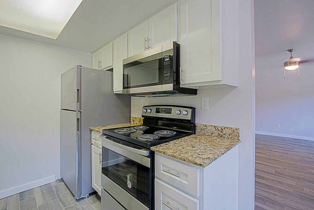 A kitchen with a granite countertop and stainless steel appliances at Aspire Mesa, Mesa, 85210.