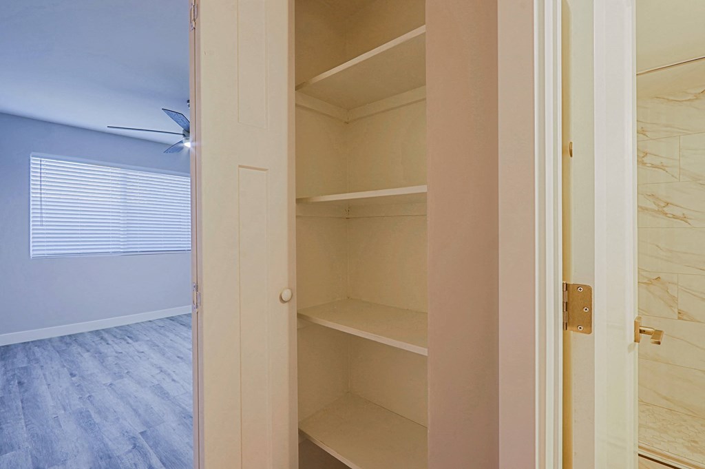 A white closet with shelves and a door.