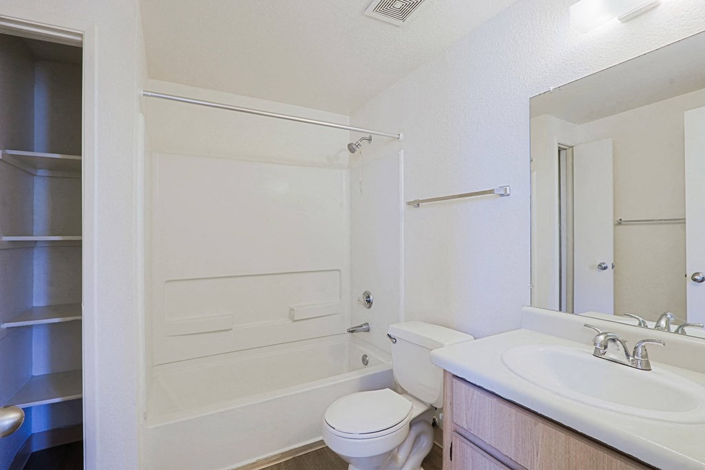 the preserve at ballantyne commons apartment bathroom with sink toilet and shower