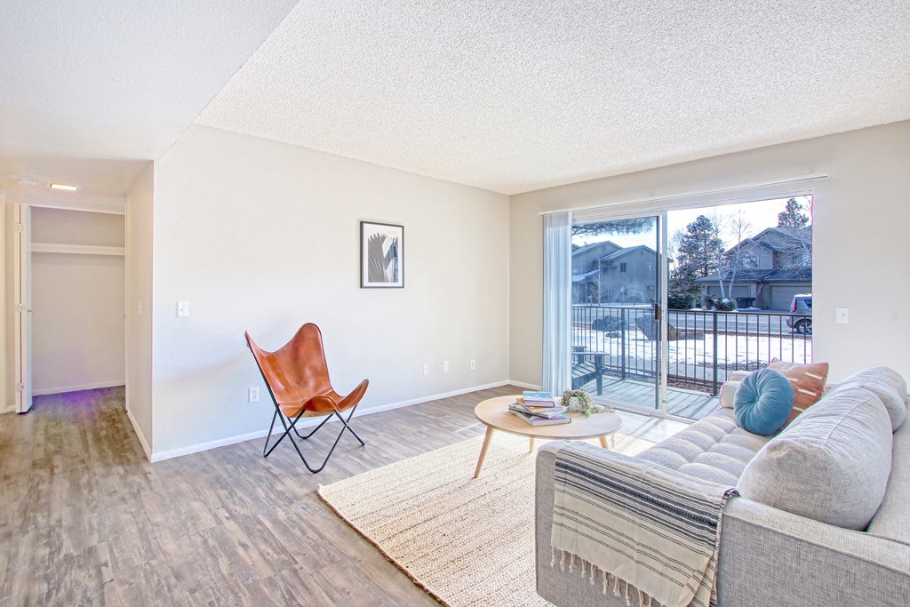 a living room with a couch and a chair and a sliding glass door