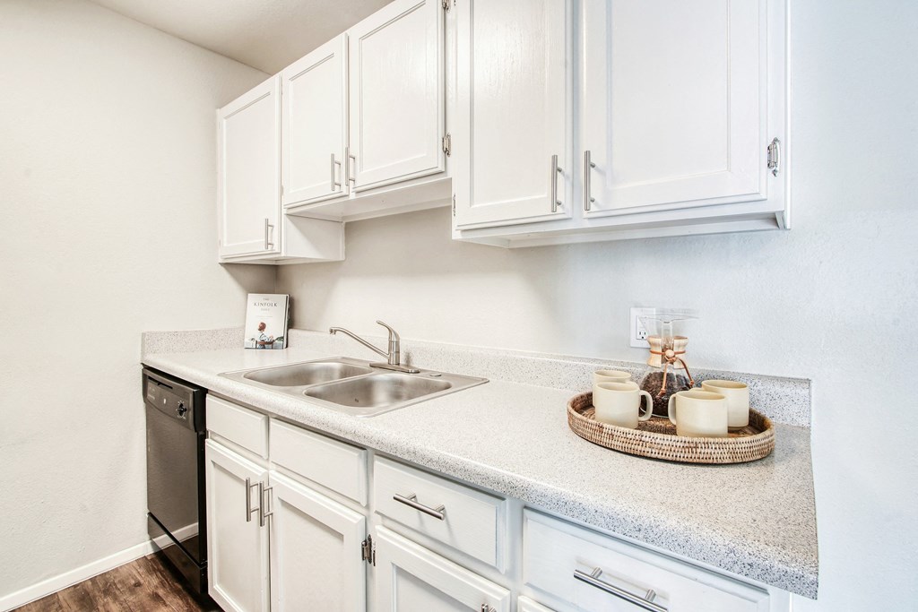the preserve at ballantyne commons apartment kitchen with sink and white cabinets