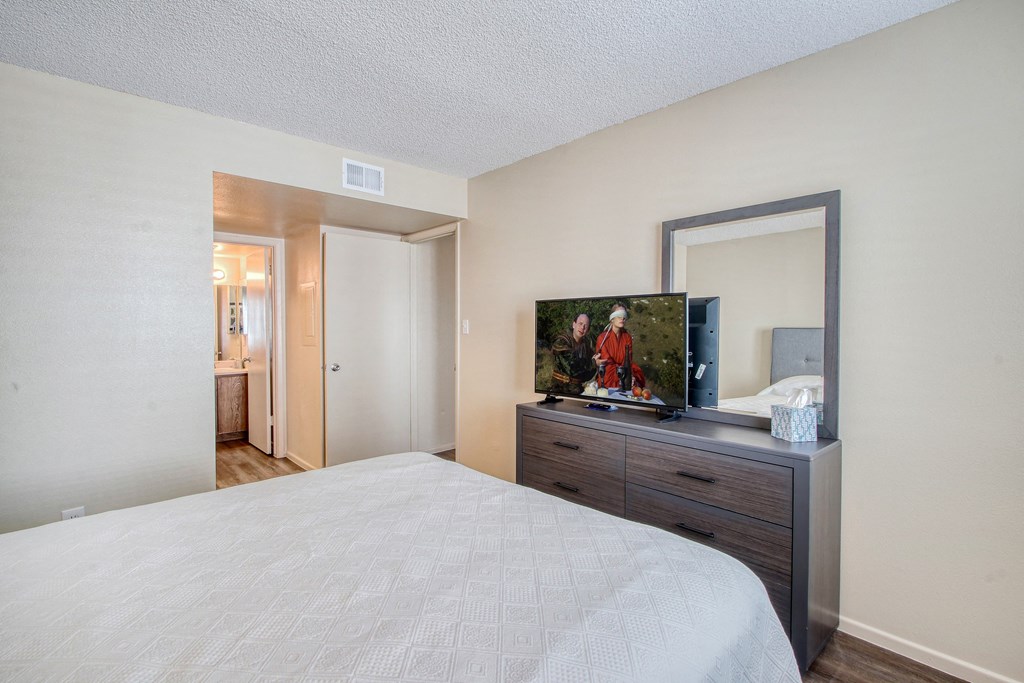 a bedroom with a bed and a tv