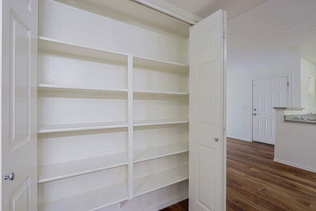 A white pantry with shelves and a door.