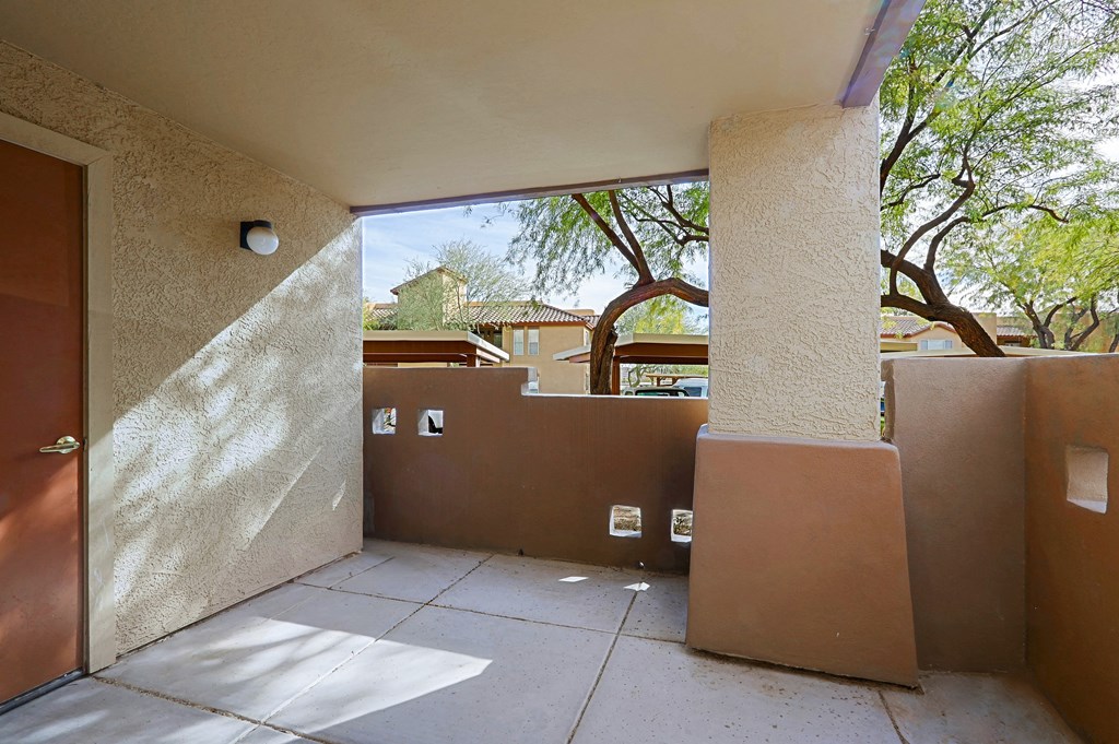 A sunny day at the courtyard with a brown door.