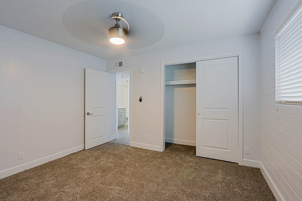A room with a carpeted floor and a ceiling fan.