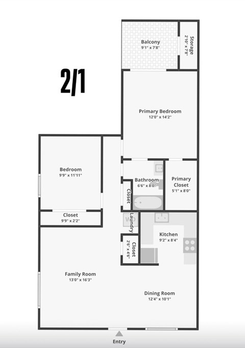 A floor plan of a 2/1 apartment with a balcony, two bedrooms, a family room, a dining room, a kitchen, and a bathroom.