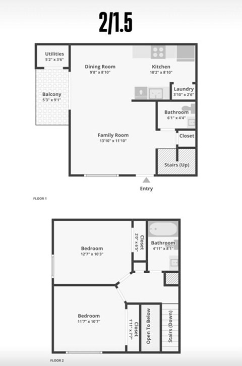 A floor plan for a 2/1.5 apartment layout.