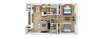 A top-down view of a small apartment with a bedroom, living room, and kitchen.