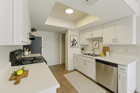 A kitchen with a black stove top oven and a white counter top.