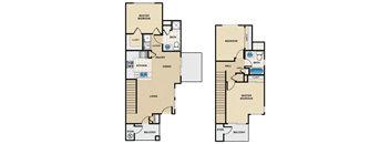 Two floor plans of a house with a master bedroom, a pantry, a kitchen, a dining area, a living room, a balcony, a bathroom, and a hallway.